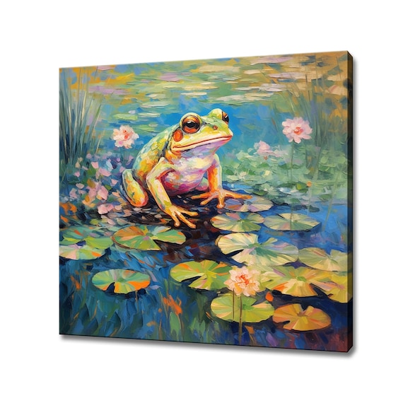 Colourful Frog Water Lily Pond Pink Blossoms Impressionist Nature Print
