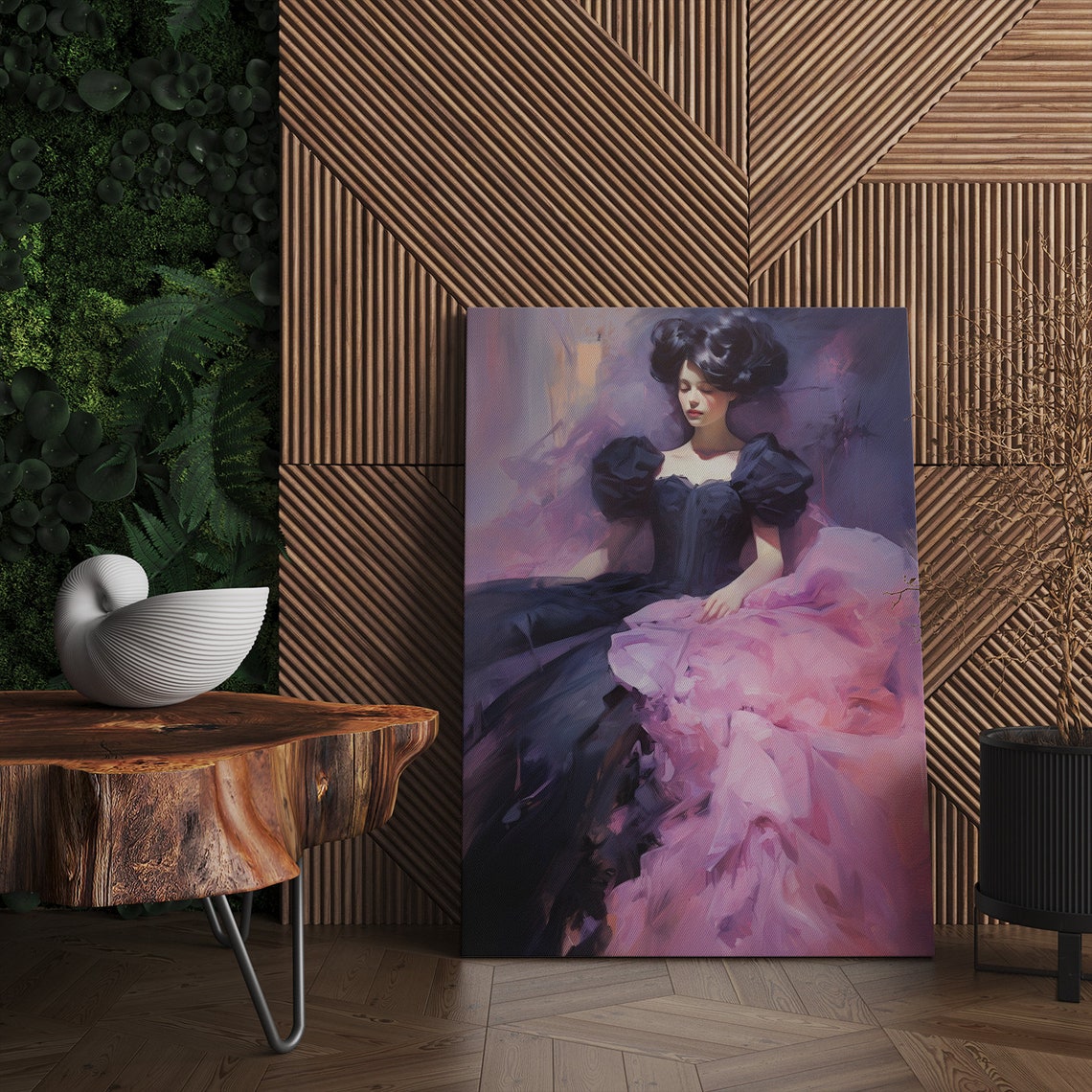 Elegant Lady In Navy And Pink Puff Sleeve Ball Gown Portrait Wall Art - Image 4