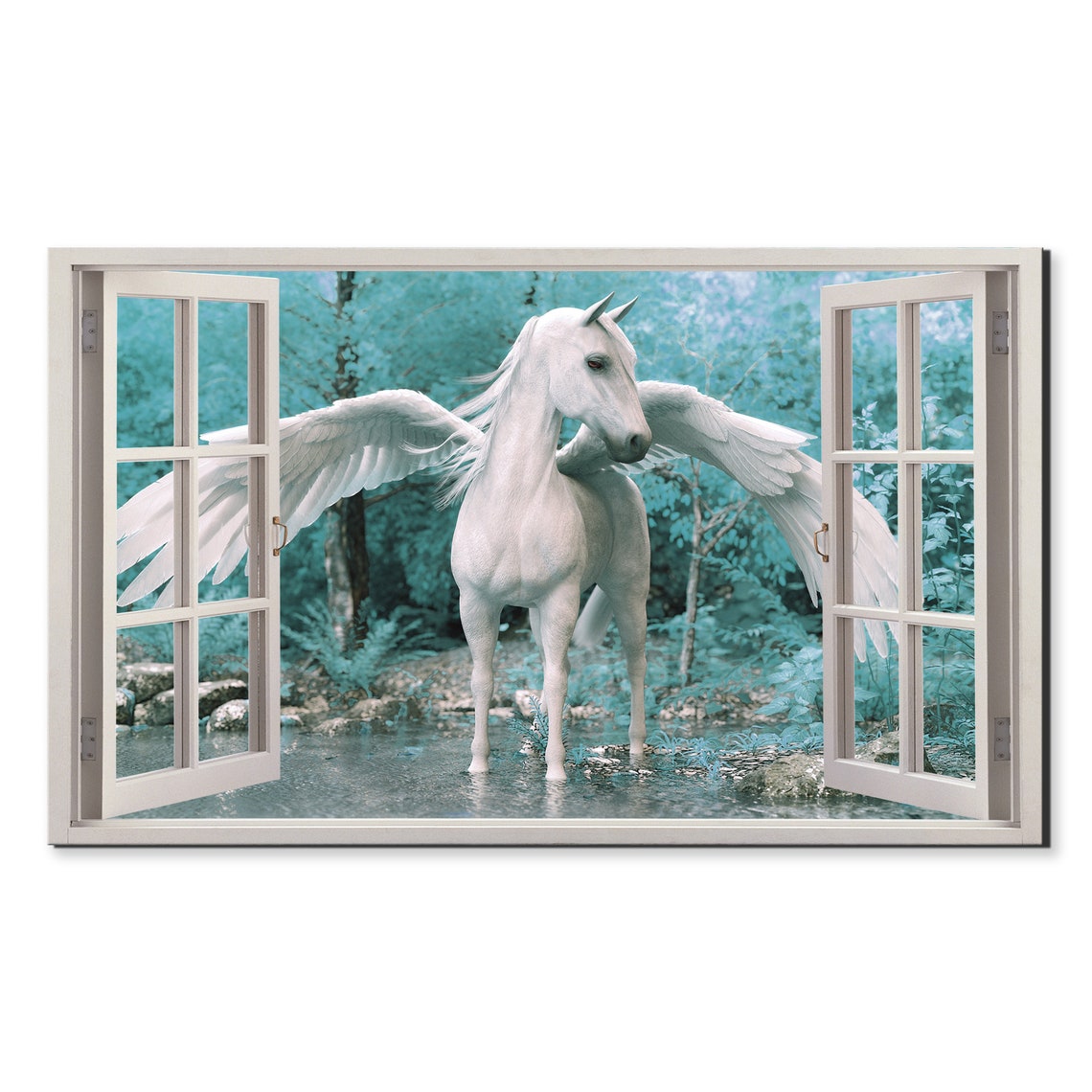 White Pegasus Winged Horse Teal Blue Forest Fantasy Art Poster