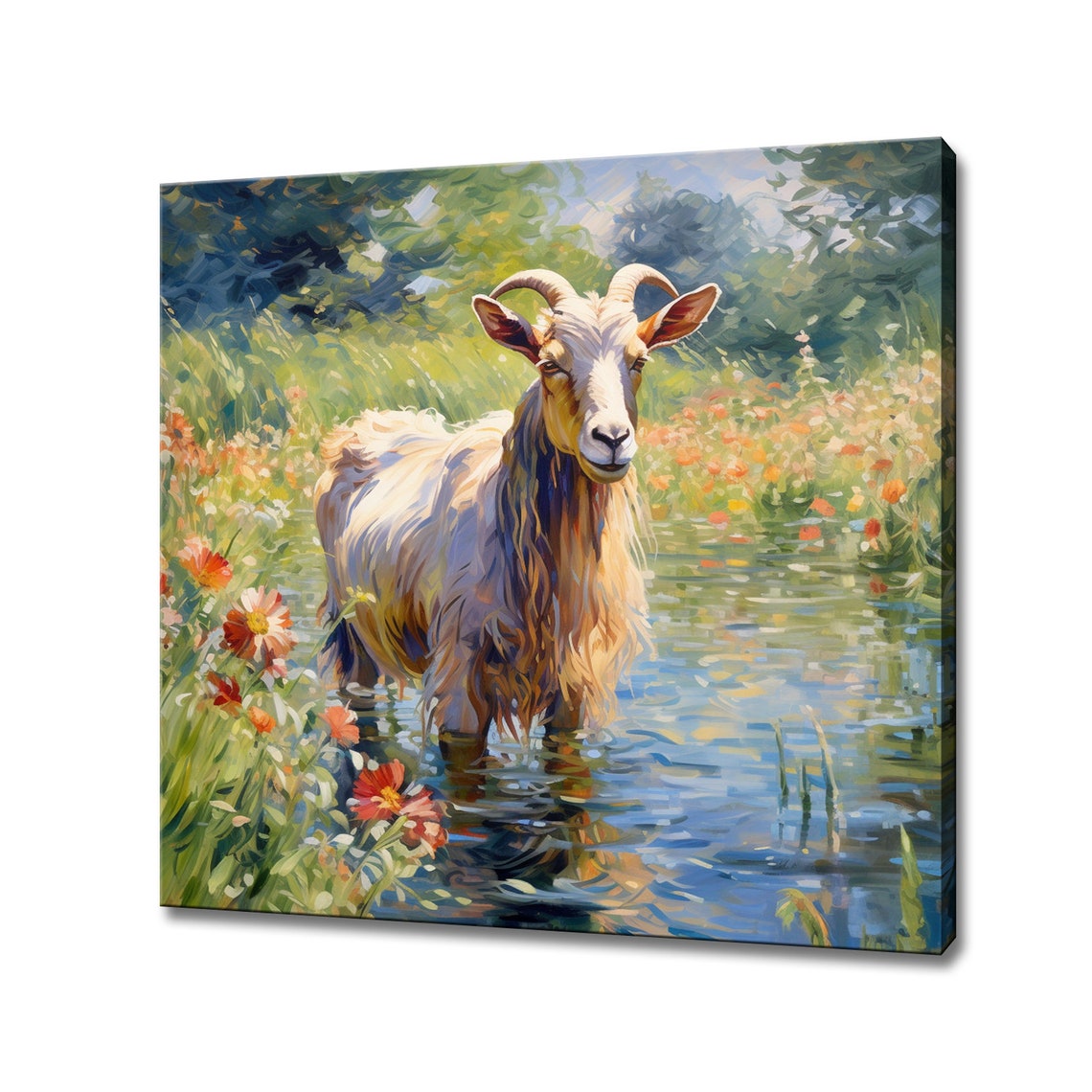 White Goat Standing In Stream Wildflowers Painterly Farm Poster