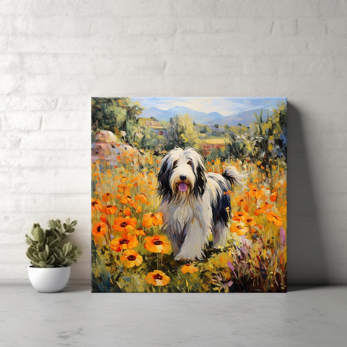 Bearded Collie Dog In Orange Wildflower Field Painting Pet Art Print - Image 4