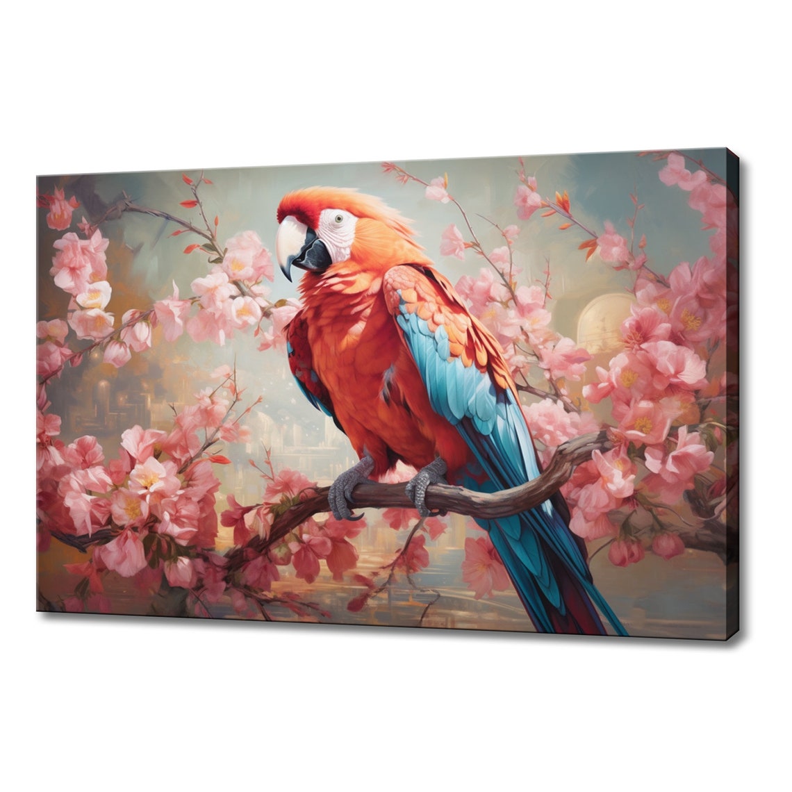 Scarlet Orange Macaw Blue Wing Cherry Blossom Branch Art Poster
