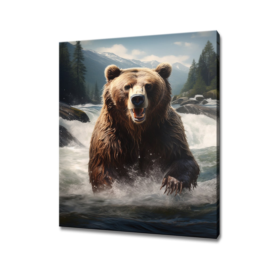 Brown Bear Standing In Mountain River Rapids Wildlife Wall Art Poster