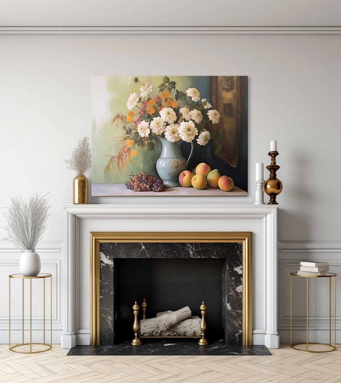 Vintage Country Still Life Flowers Fruits Muted Moody Painting Style Print Farmhouse Decor Art Neutral Nature Picture Wall Hanging - Image 3