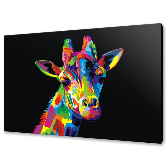 Rainbow Giraffe Pop Art Front Portrait Neon Colours Black Background Poster