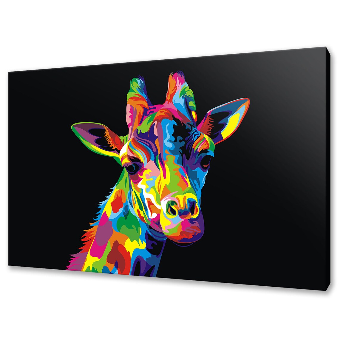 Rainbow Giraffe Pop Art Front Portrait Neon Colours Black Background Poster