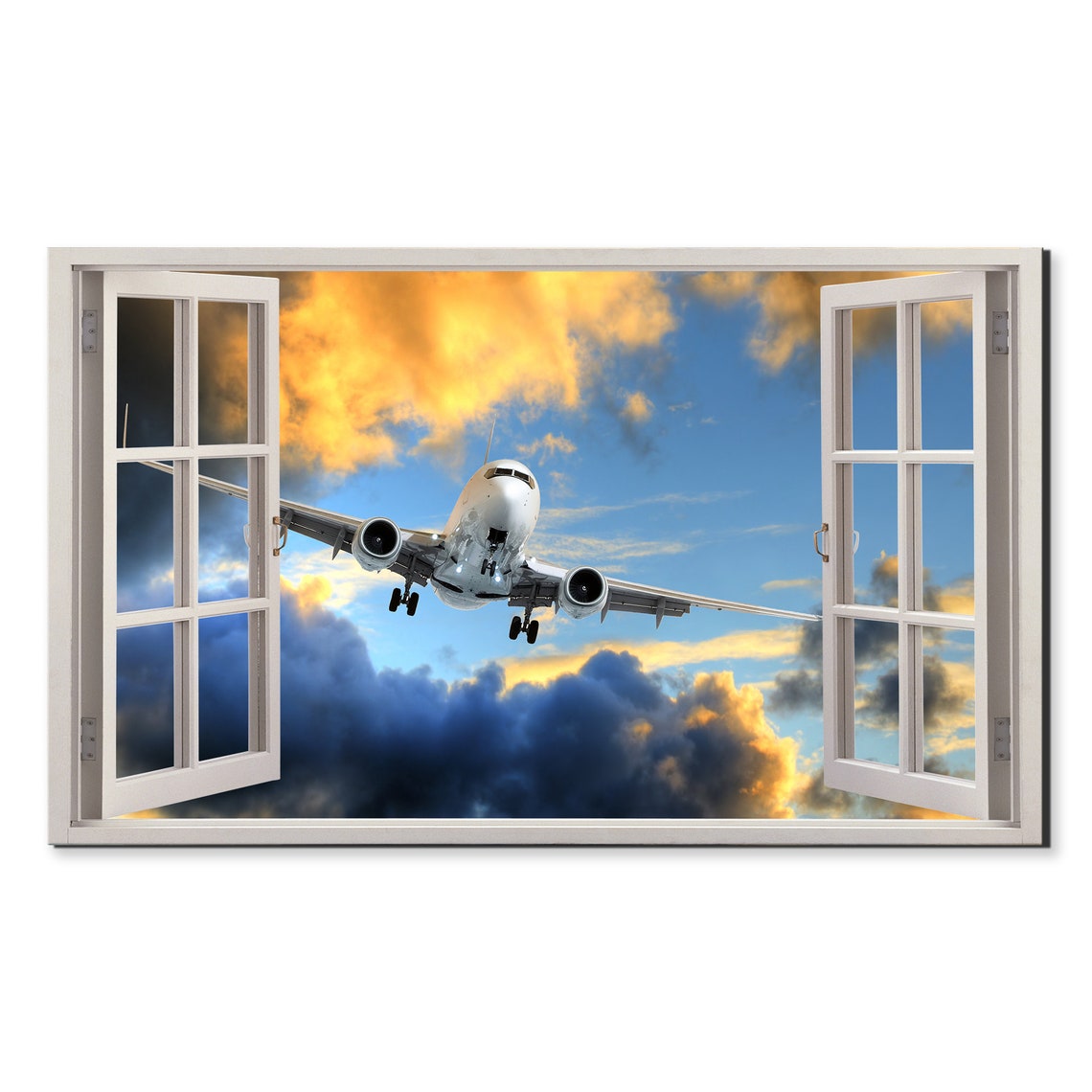 Flying Aeroplane At Sunset Window View Window Frame Style Modern Design Home Decor Print Wall Art Picture Ready To Hang