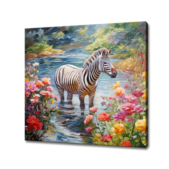 Zebra Standing In River Surrounded By Flowers Impressionist Poster