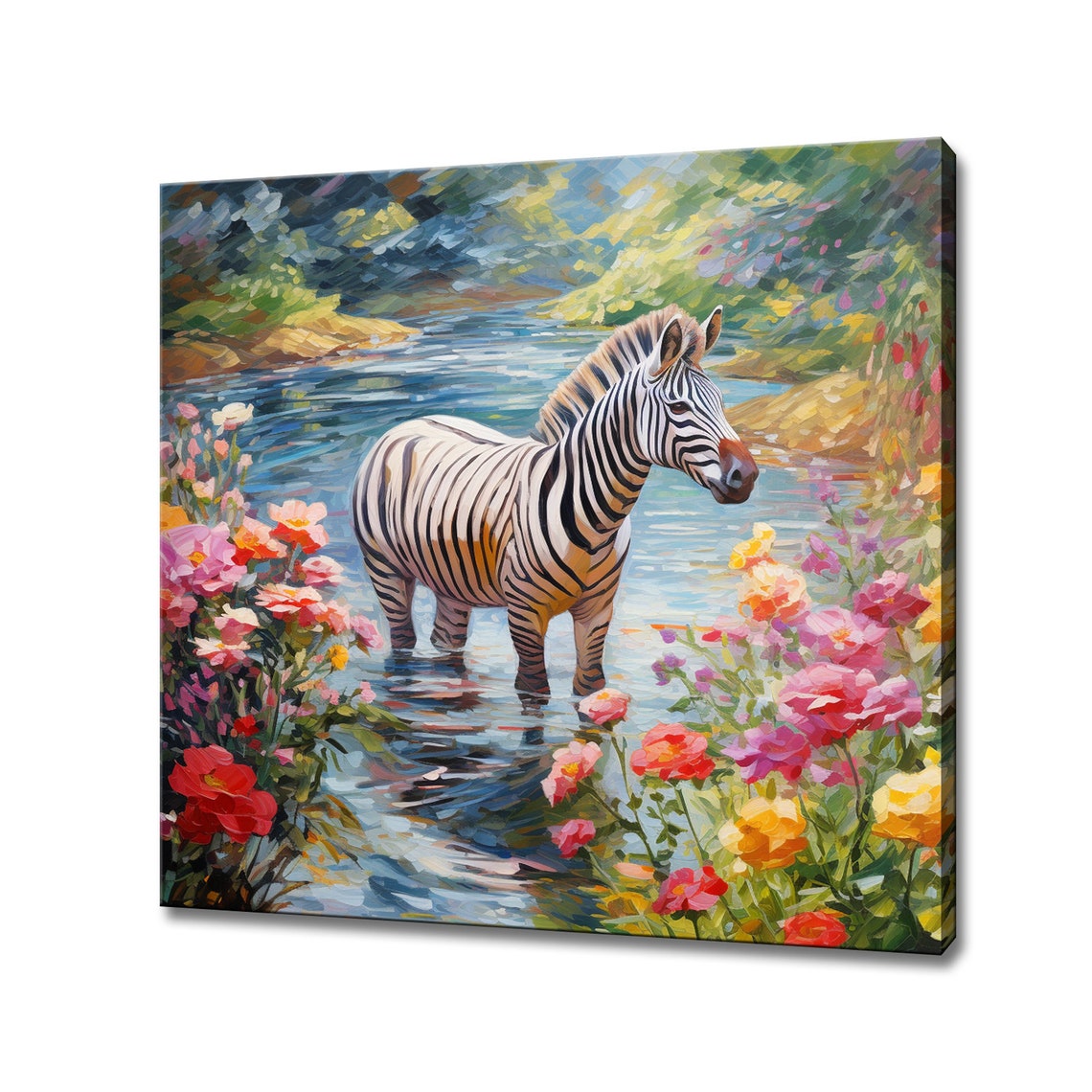 Zebra Standing In River Surrounded By Flowers Impressionist Poster