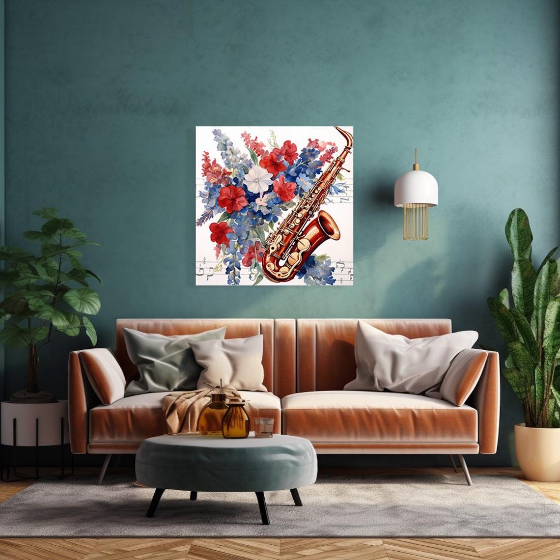 Saxophone With Red Blue Flowers Watercolor Music Lover Gift Art Print - Image 4