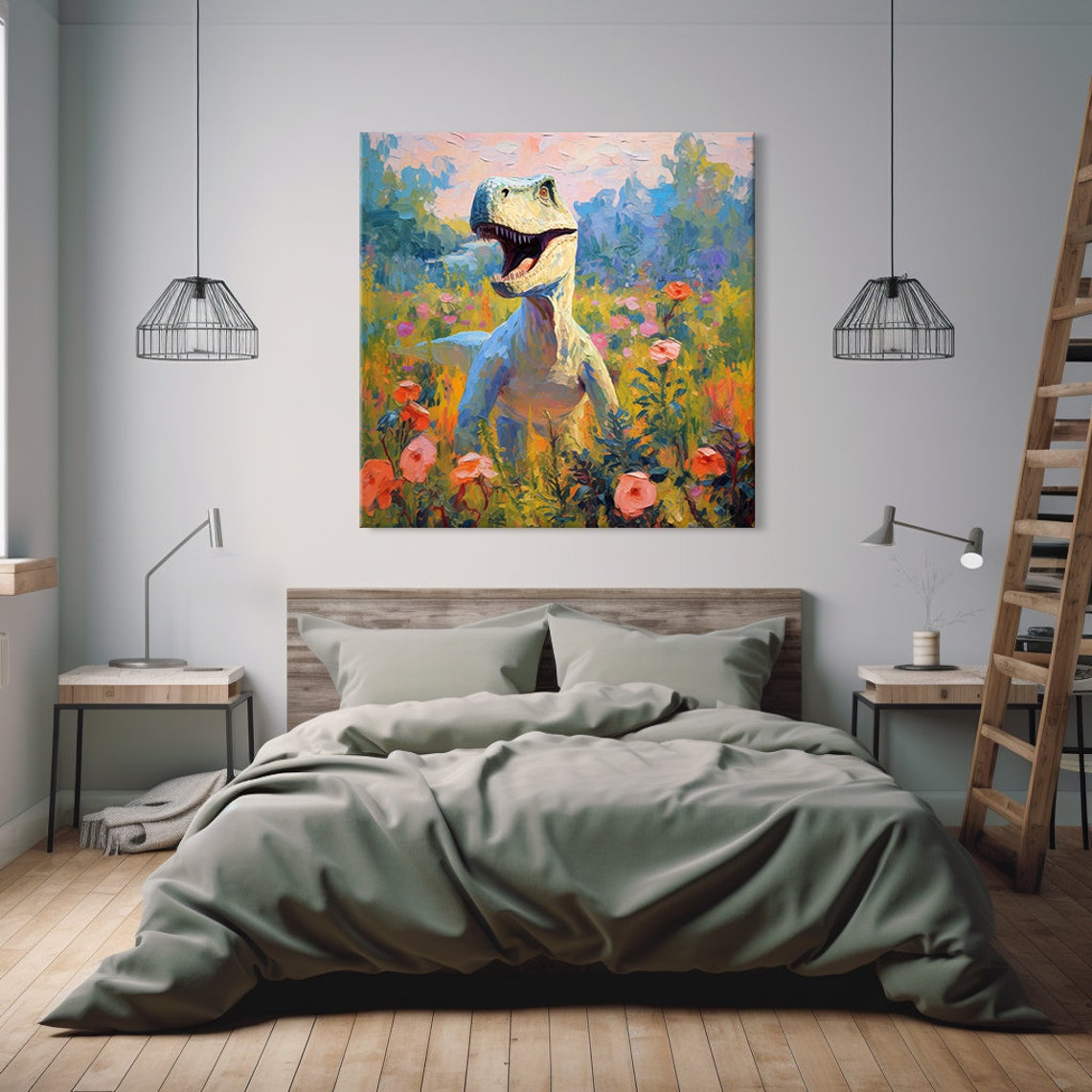 T Rex Dinosaur Roaring In A Colorful Wildflower Field Poster - Image 2