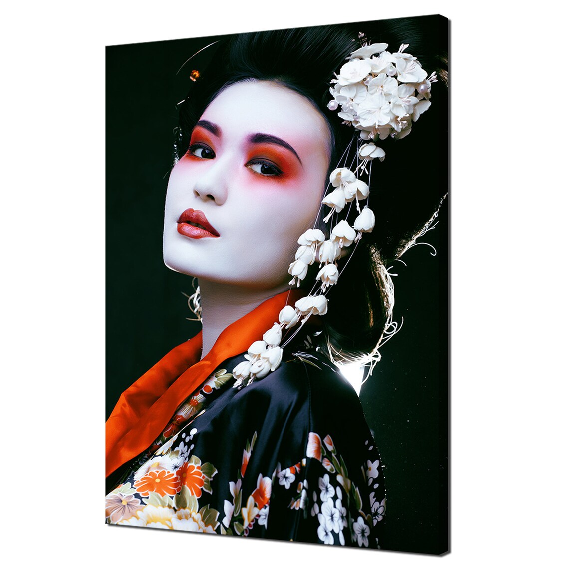 Beautiful Japanese Geisha In Kimono Red Floral Portrait Wall Art Print