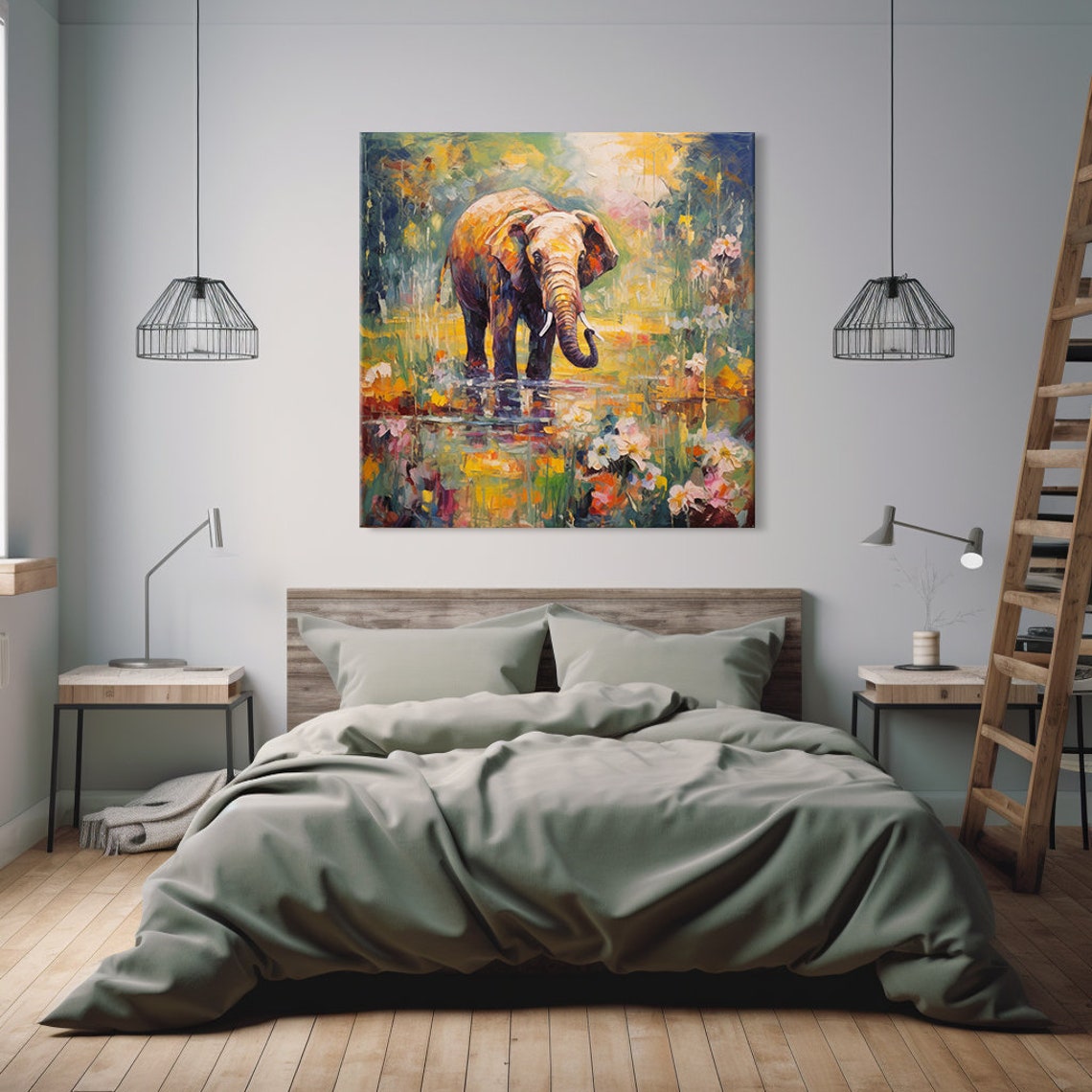 African Elephant Wading In A Golden Lily Pond Painting Wall Art - Image 2
