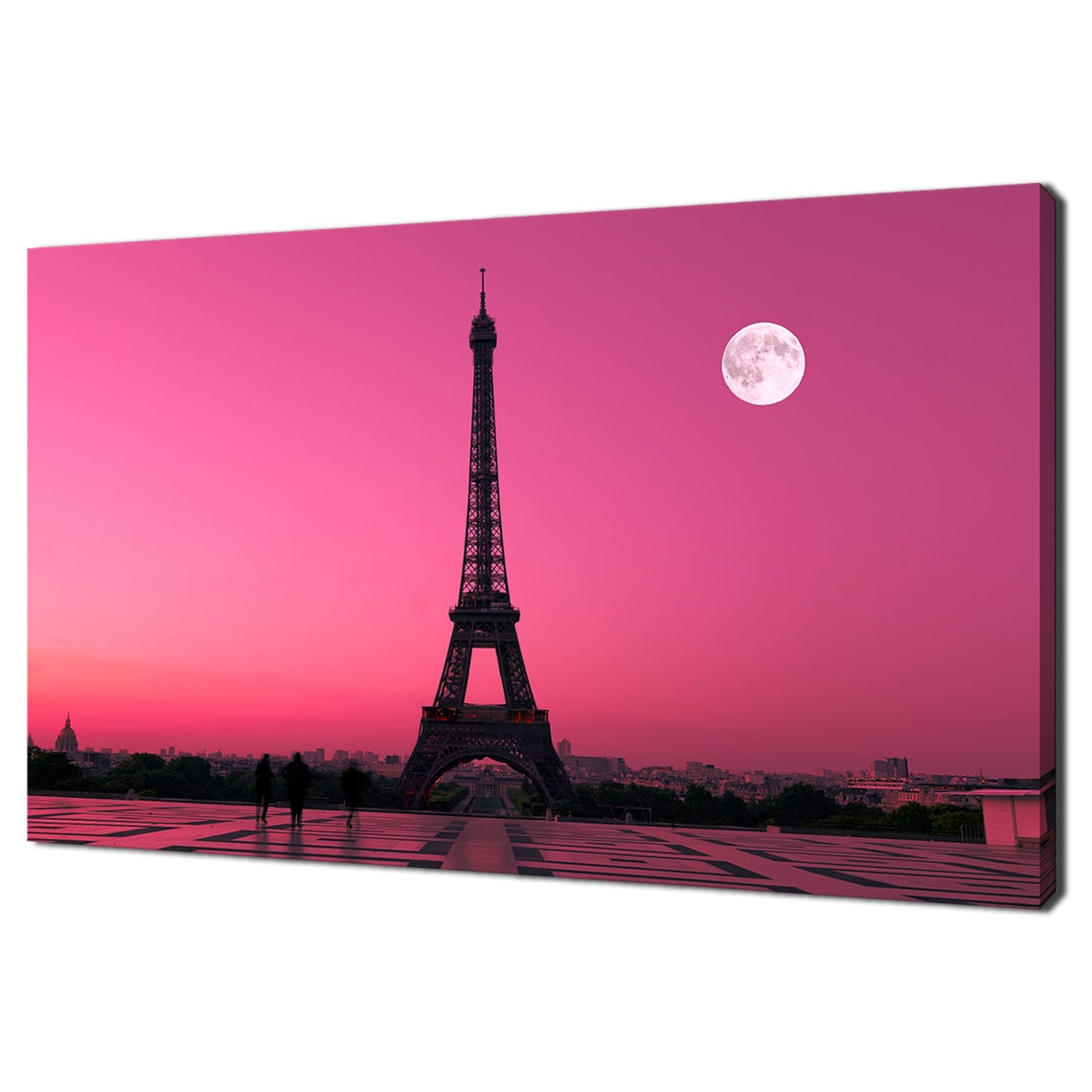 Paris Eiffel Tower Pink Sunset Sky Full Moon Romantic Travel Poster