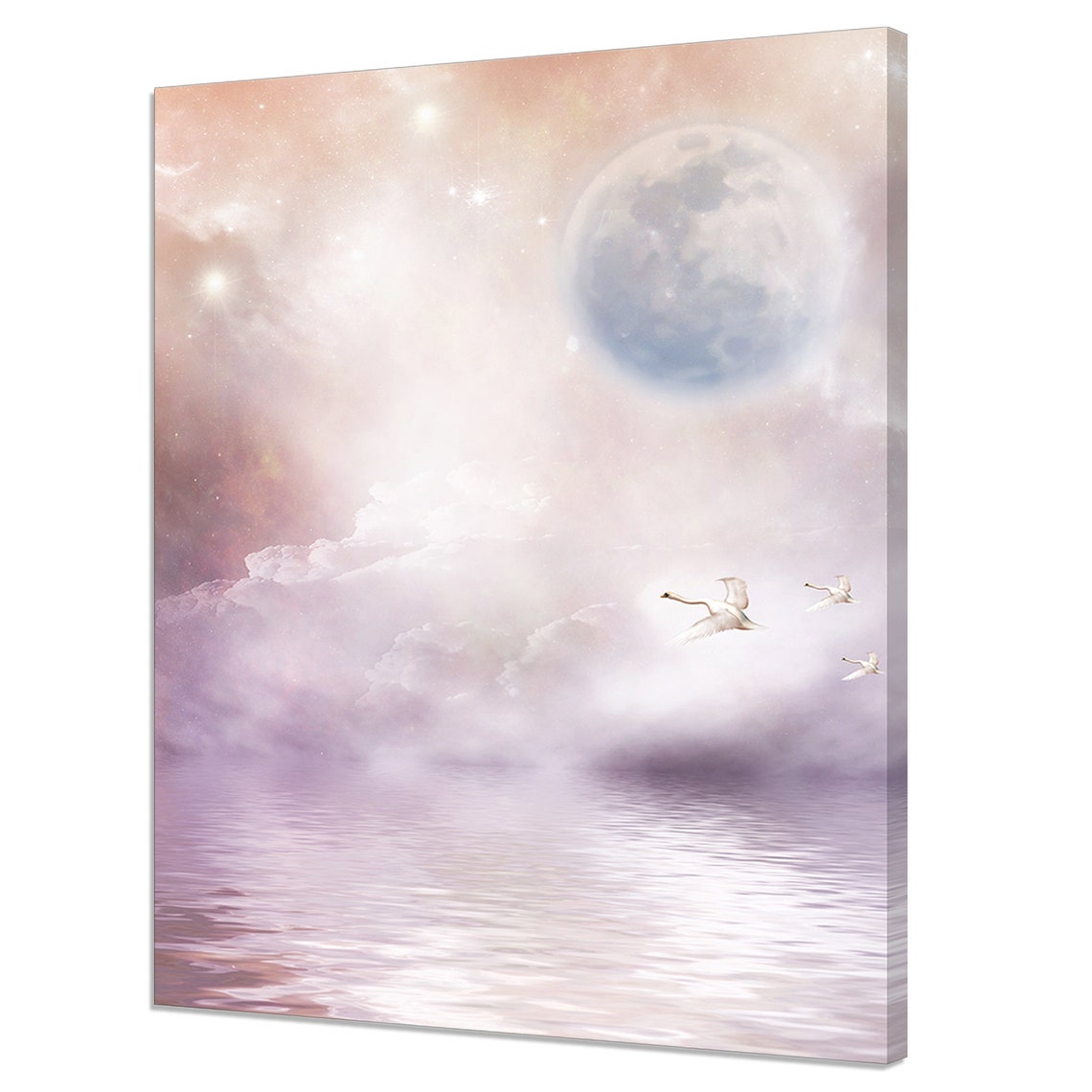 White Swans Flying To The Moon Over Misty Water Dreamy Wall Art