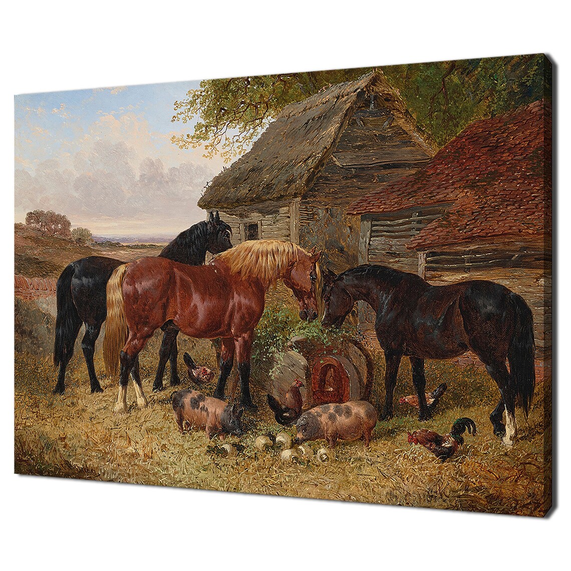 Horses And Pigs In Farmyard By Thatched Barn Vintage Equestrian Poster