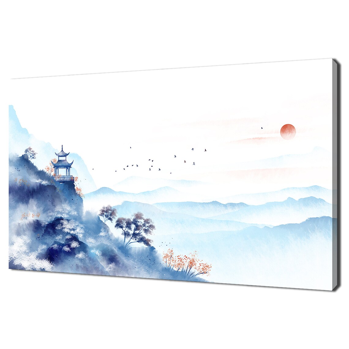 Blue Ink Mountains Pagoda Red Sun Oriental Watercolor Wall Art