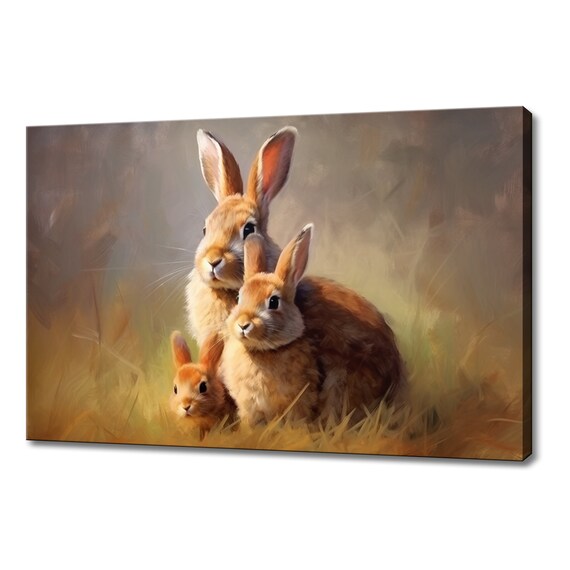 Rabbit Family Brown Bunnies Grass Oil Painting Cute Wildlife Nursery Wall Art