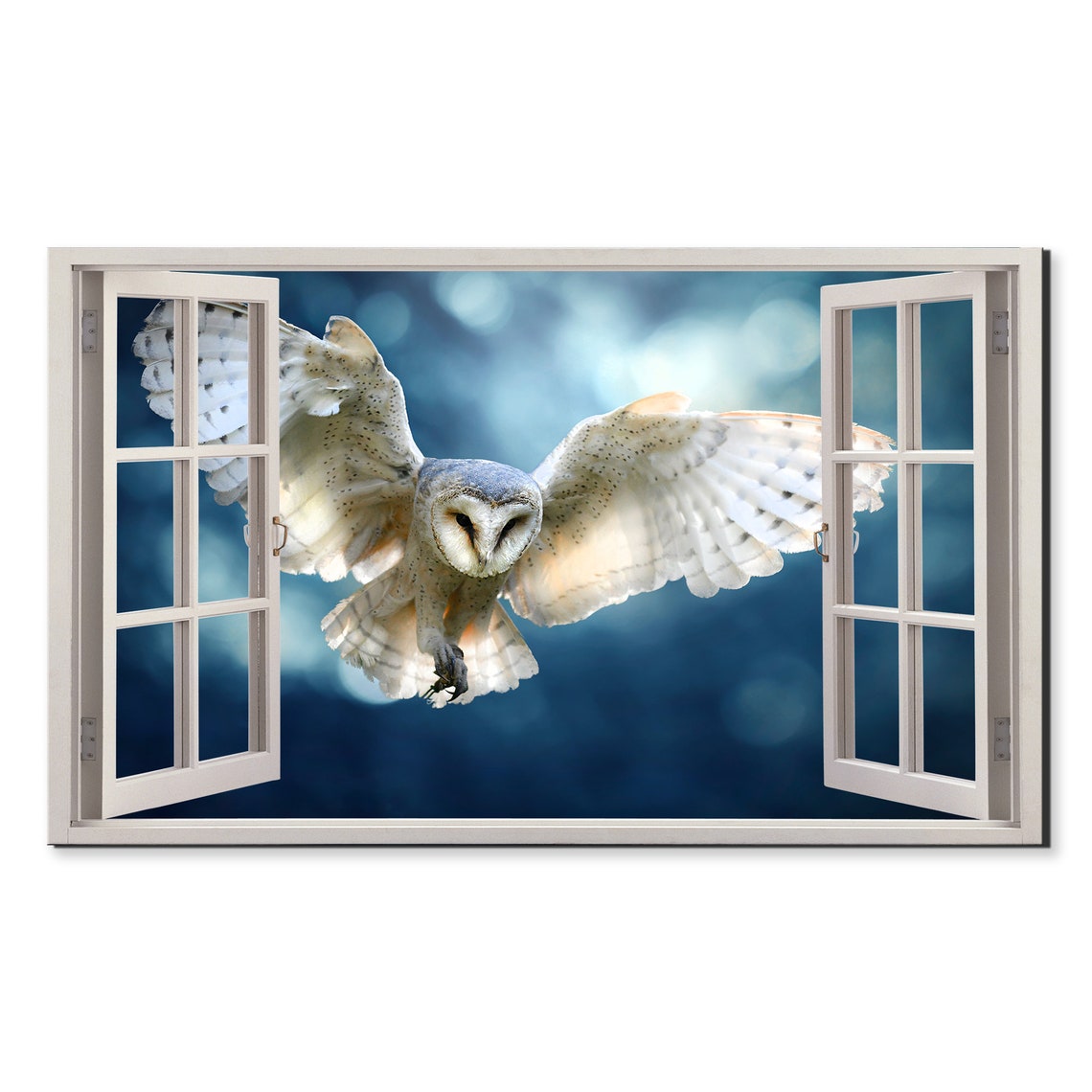 Barn Owl Flying Open Window Night Blue Forest Dramatic Bird Wall Art