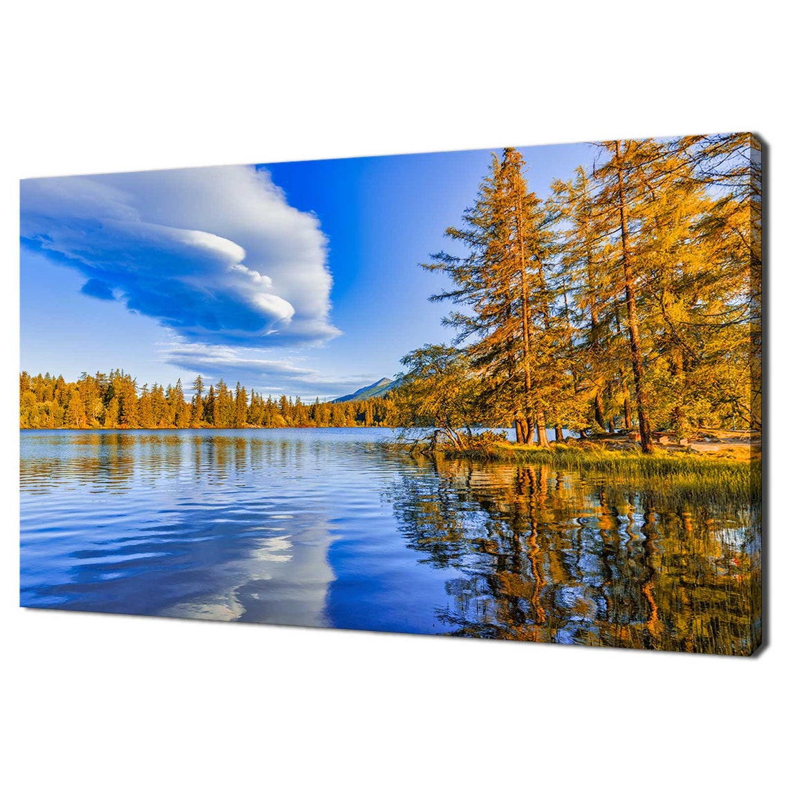 Autumn Blue Lake Golden Larch Trees Reflection Dramatic Cloud Poster