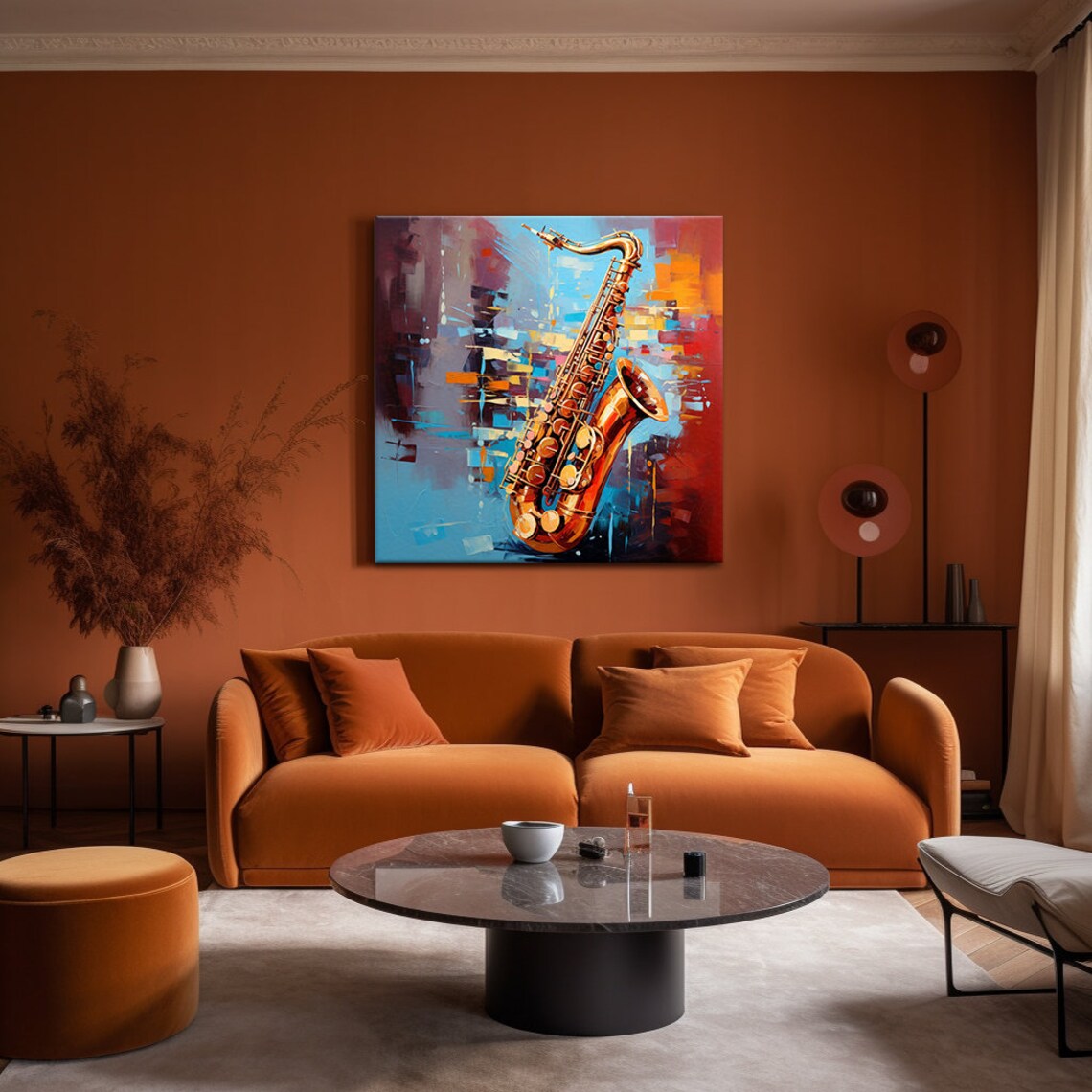 Golden Saxophone Colorful Abstract Jazz Music Instrument Modern Oil Wall Poster - Image 2