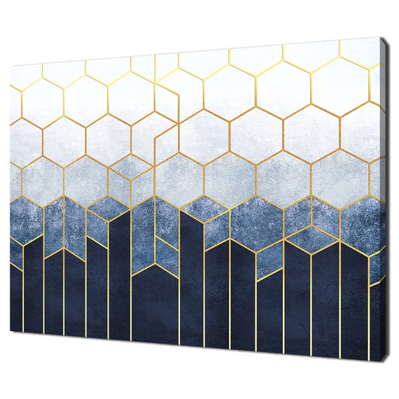 Geometric Abstraction Of Hexagons Blue Gold Modern Decor Print Wall Art Picture