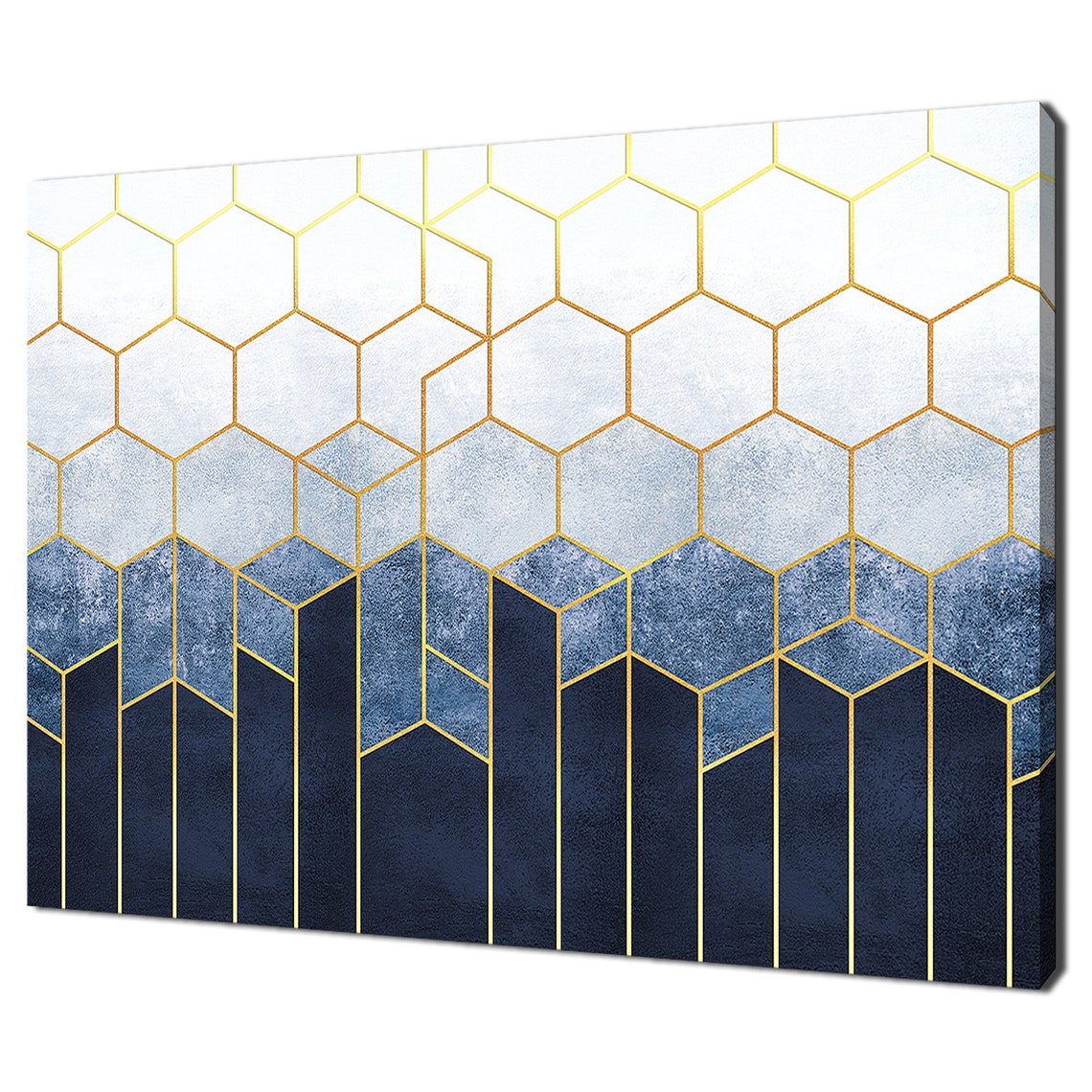 Geometric Abstraction Of Hexagons Blue Gold Modern Decor Print Wall Art Picture