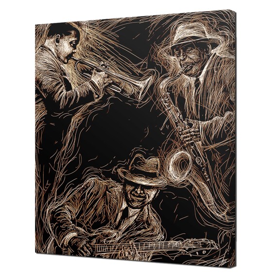 Sepia Jazz Musicians Drawing, Modern Wall Art Print