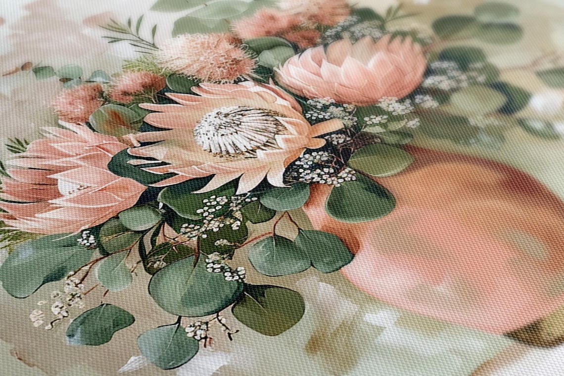 Blush Pink Protea Flowers Eucalyptus Terracotta Vase Painting Print - Image 4