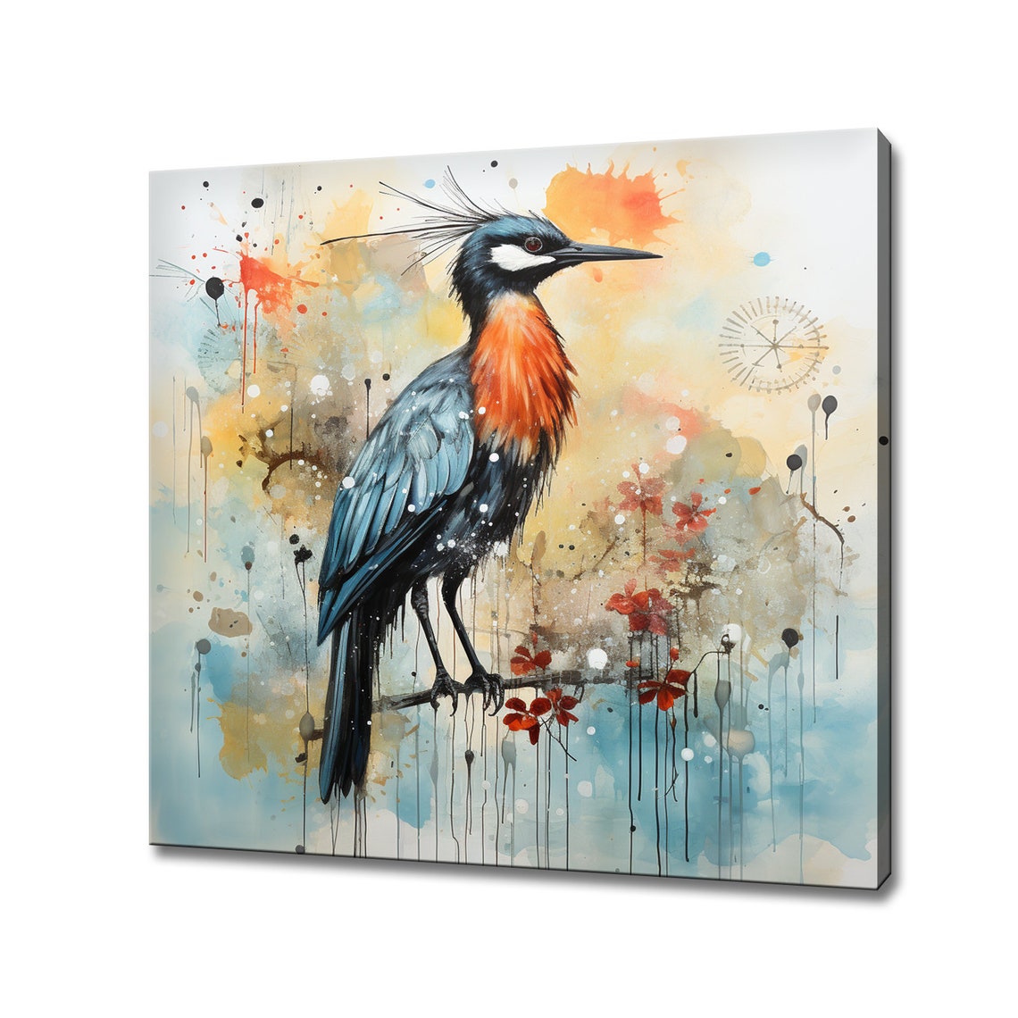 Crested Water Bird Watercolor Splash Painting Japanese Style Art Print