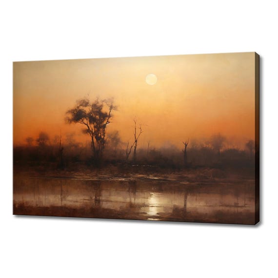 Sunset Over The Lake Vintage Landscape Painting Style Print Farmhouse Decor Art Nature Picture Wall Hanging Fine Art Print