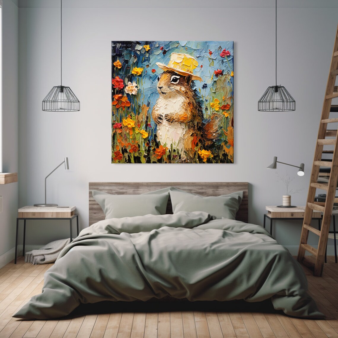 Chipmunk In Straw Hat Wildflower Garden Colorful Animal Portrait Poster - Image 4
