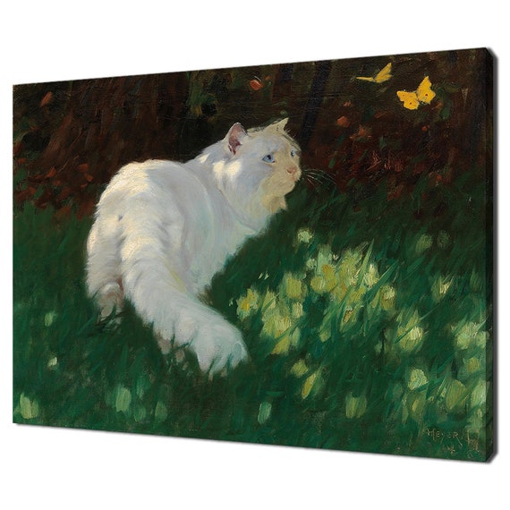 White Cat And Butterflies Vintage Cat Victorian Oil Painting Print Antique Print Wall Art Moody Rustic Farmhouse Decor
