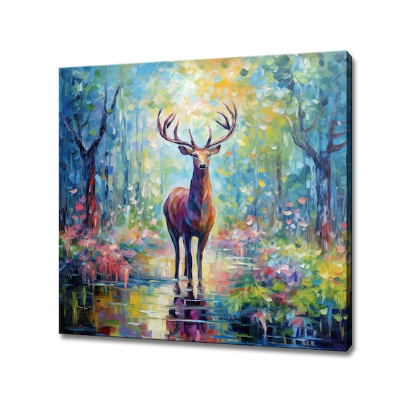 Beautiful Stag Deer Forest Colourful Portrait Painting Woodland Wall Art Print Poster