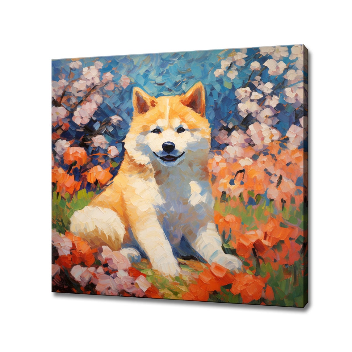 Akita Dog In Colourful Flowers Field Print Gift For Akita Dog Lover Colourful Dog Portrait Painting Print Dog Pet Wall Art