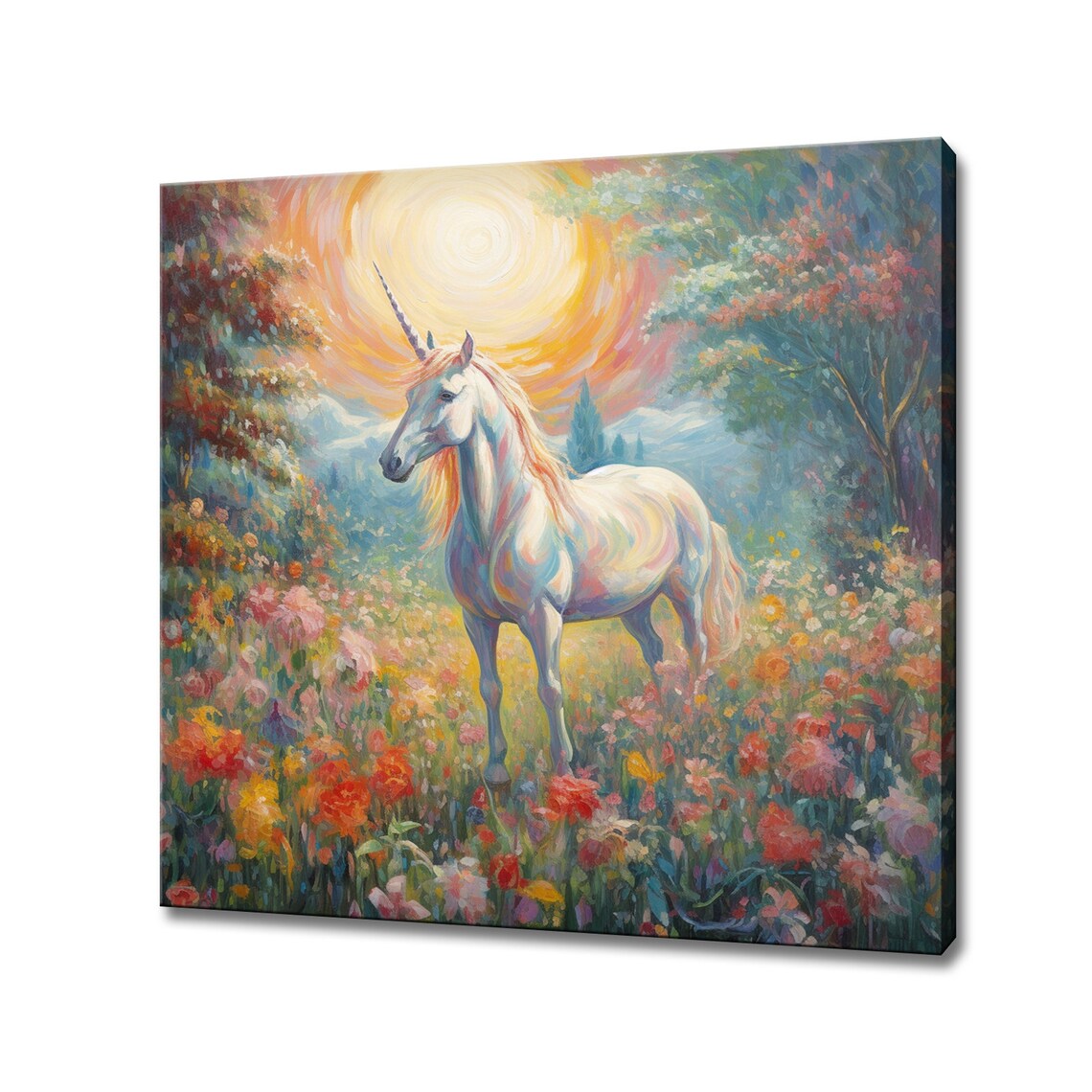 Magical White Unicorn In Flower Field At Sunset Fantasy Art Poster