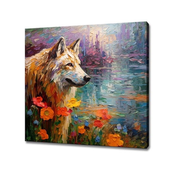 Wolf By River Impasto Oil Style Wildflowers Colorful Nature Poster