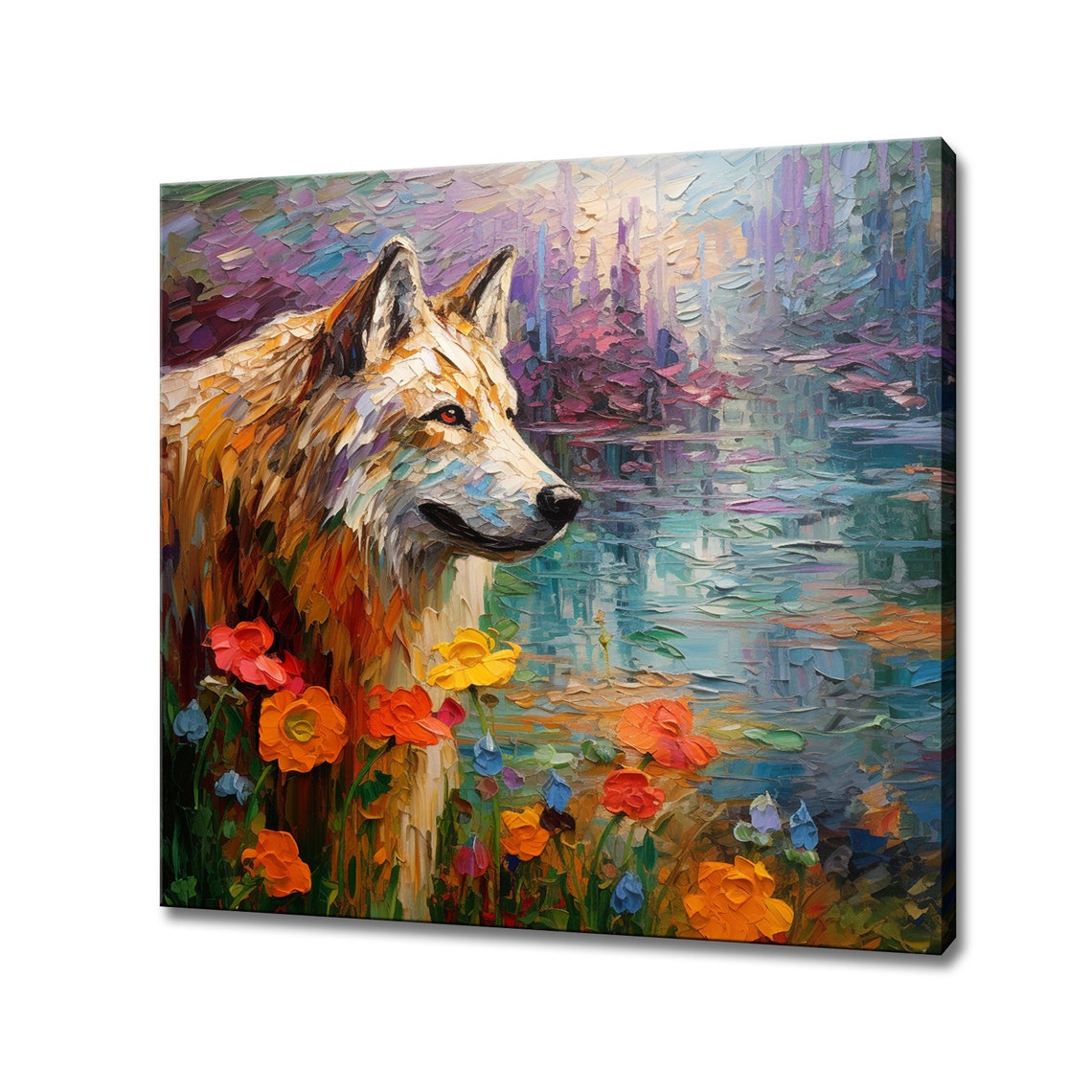Wolf By River Impasto Oil Style Wildflowers Colorful Nature Poster