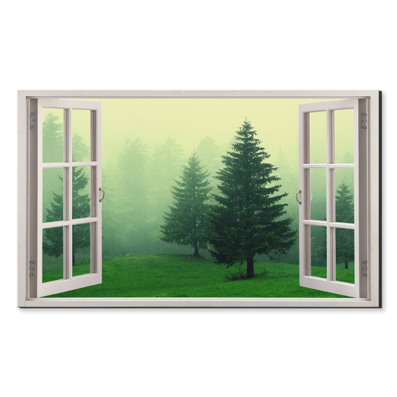 Green Pine Forest Trees Foggy Day Window View Window Frame Style Modern Design Home Decor Print Wall Art Picture Ready To Hang