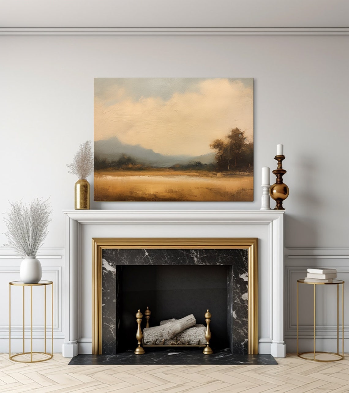 Warm Hazy Golden Fields Distant Hills Misty Autumn Landscape Art Print - Image 3