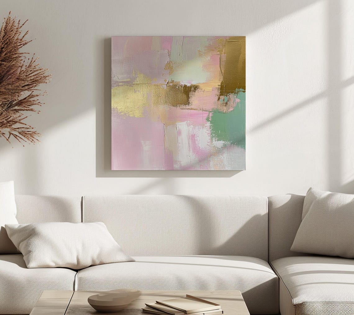 Abstract Pastel Brush Strokes Pink Gold Green Modern Art Print - Image 2