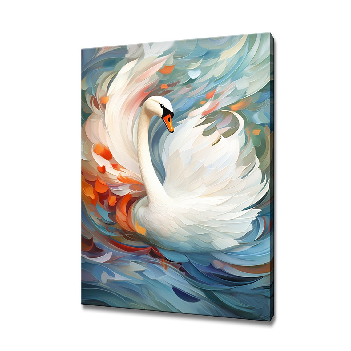 White Swan Wings Raised Painterly Swirls Blue Orange Bird Art Print