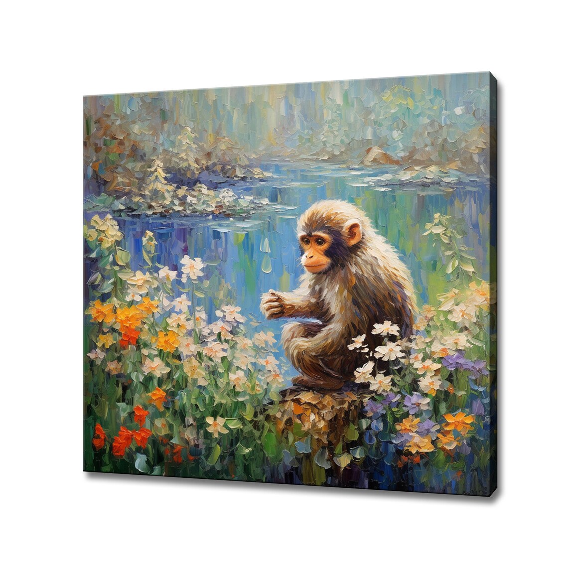 Cute Baby Monkey Sitting Among Flowers By The Lake Portrait Poster