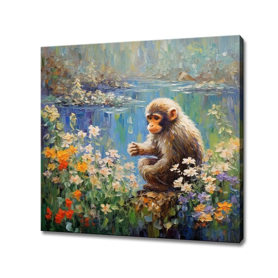 Cute Baby Monkey Sitting Among Flowers By The Lake Portrait Poster