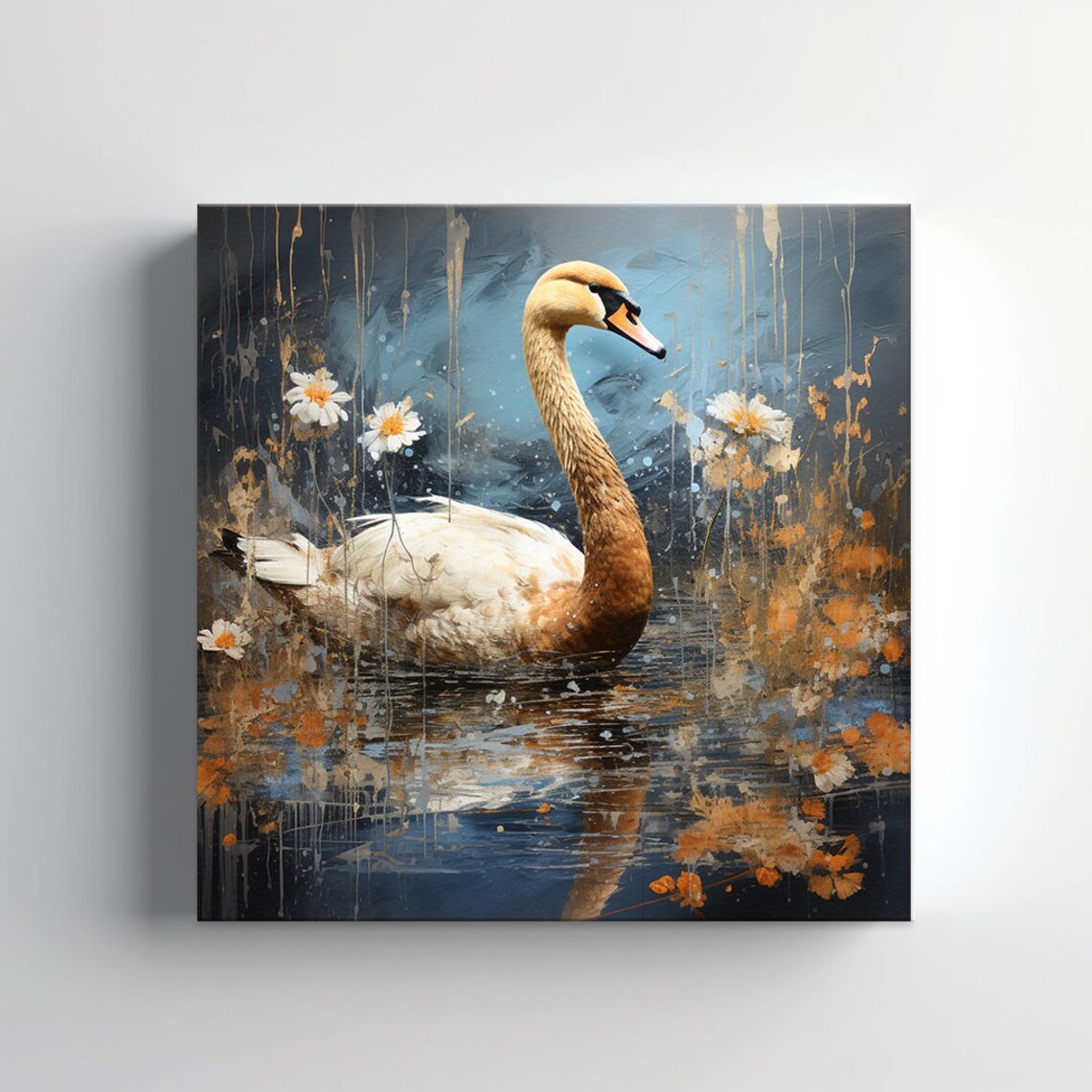 Swan Gliding On Moody Grey Waters With Daisies Artistic Lake Poster - Image 4