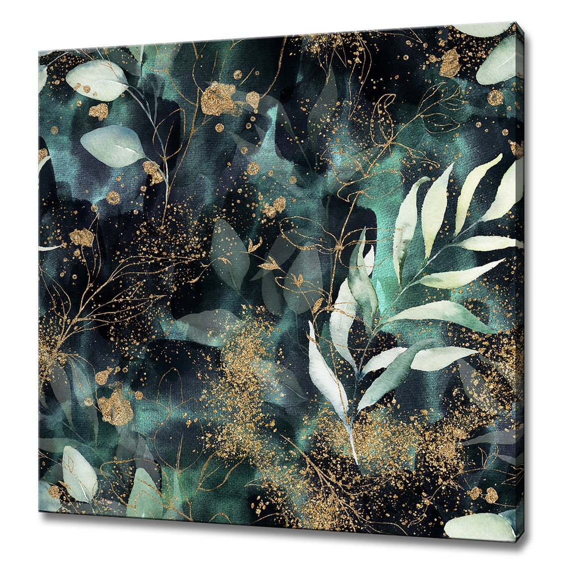 Dark Green And Gold Botanical Leaves Moody Floral Wall Art Print