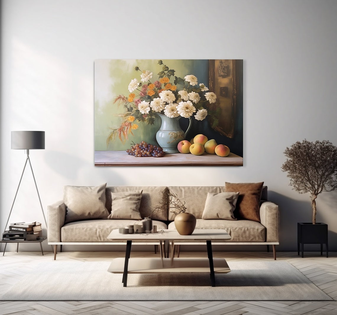 Vintage Country Still Life Flowers Fruits Muted Moody Painting Style Print Farmhouse Decor Art Neutral Nature Picture Wall Hanging - Image 4