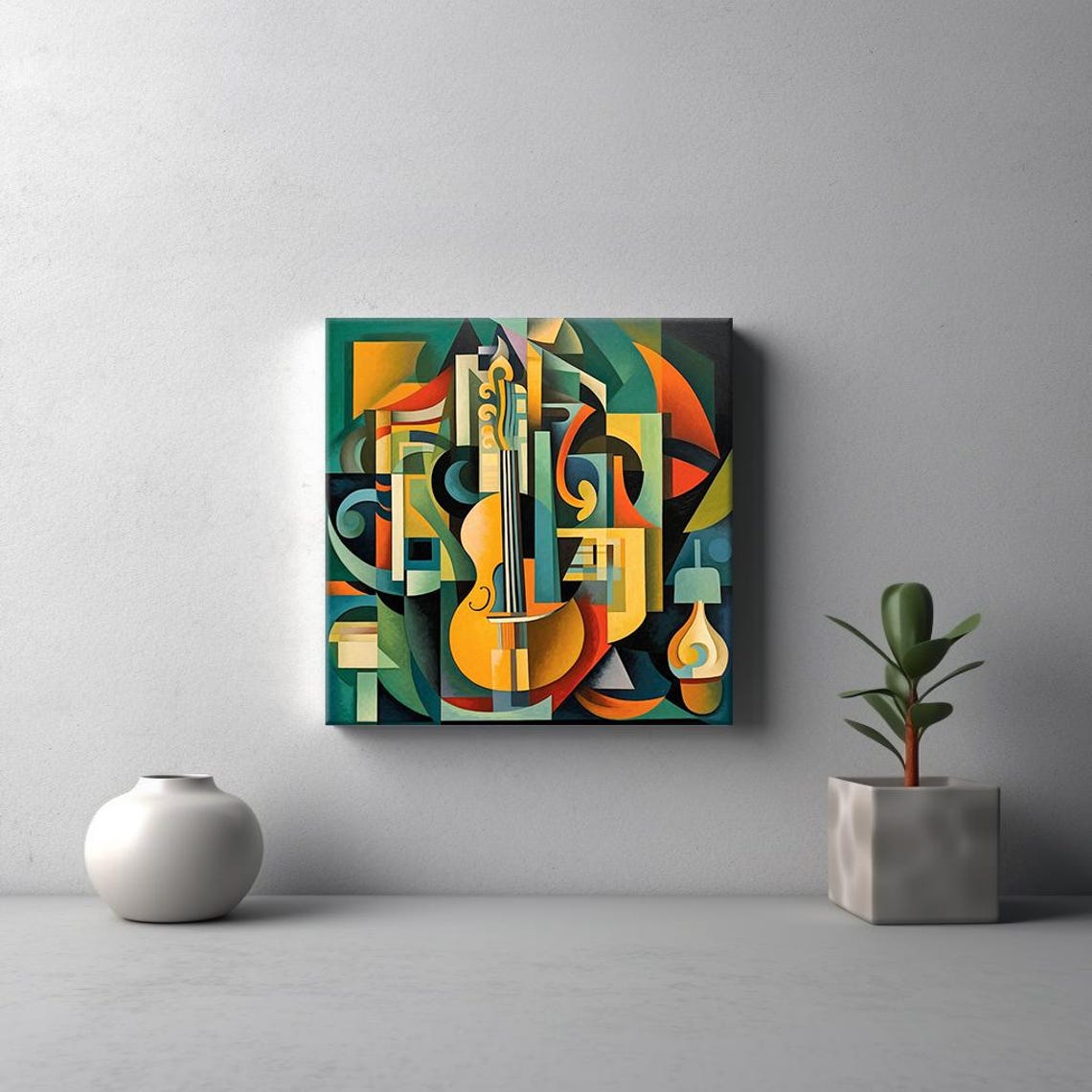 Yellow Violin Cubist Abstract Music Art Geometric Green Orange Print - Image 3