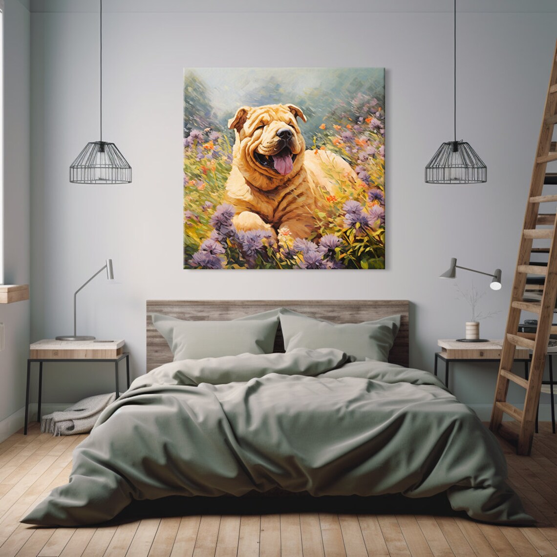 Happy Shar Pei Dog Smiling In Purple Wildflower Field Dog Poster - Image 2