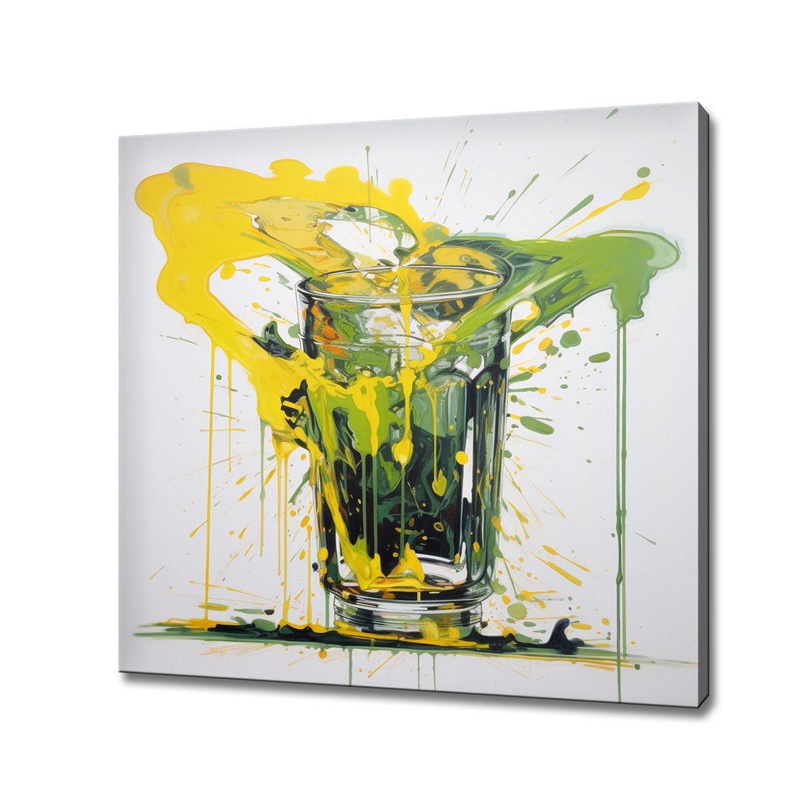 Abstract Paint Splash Cocktail Glass Yellow Green Kitchen Art Print